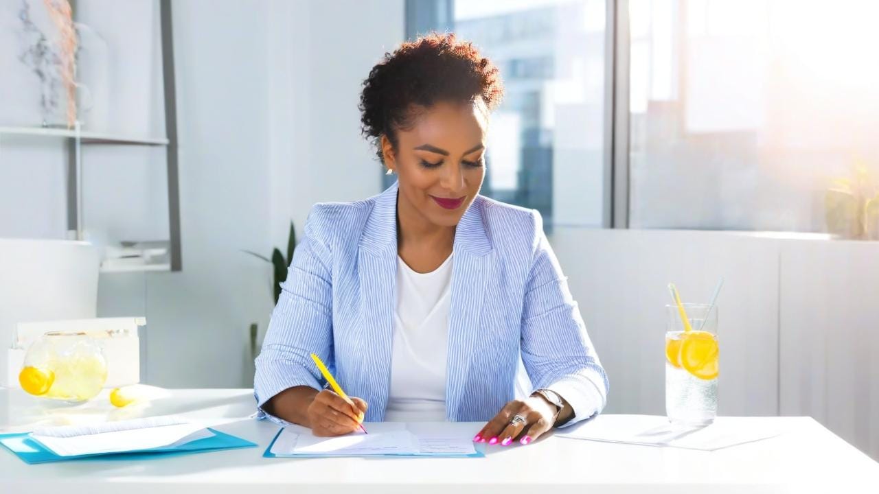 Black Woman with bright color wearing life Coaching sitting sitting in o different office with water on the table with writing a letter with the sun shining