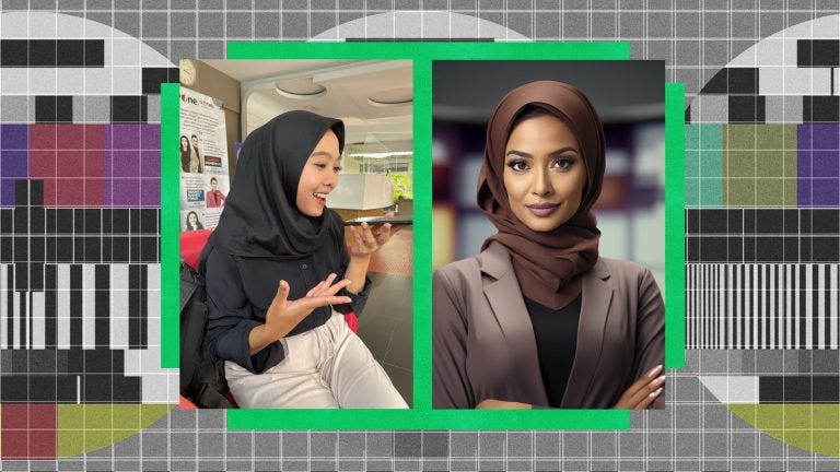 A collage of a human and AI-generated news anchor set against a backdrop of SMPTE television colour bars.