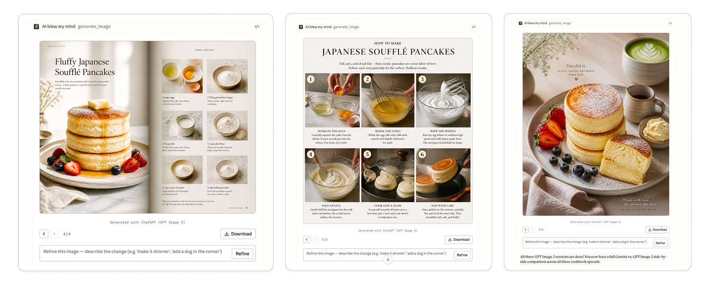 Screenshot of the Claude interface displaying AI-generated cookbook-style recipe spreads created with ChatGPT Images 2 through the AI BLEW MY MIND Amplifiers workflow. The generated visuals include a premium editorial ingredient page for fluffy Japanese soufflé pancakes with styled ingredient photography, a clean step-by-step cooking infographic showing the pancake preparation process across six numbered stages, and a final plated serving scene featuring soft natural lighting, realistic pancake textures, strawberries, blueberries, powdered sugar, and café-style beverage styling. The interface demonstrates how ChatGPT Images 2 can generate cohesive cookbook layouts, instructional food infographics, and polished editorial food photography directly inside Claude using a single recipe prompt.