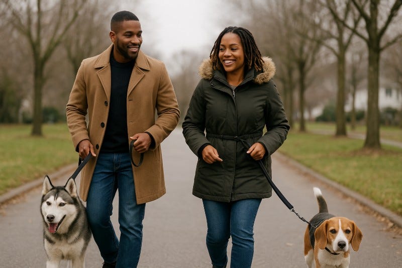 Couple in winter coats walking their dogs in a quiet neighborhood. Woman has on a running leash. Couple in winter coats walking their dogs in a quiet neighborhood. Woman has on a running leash.