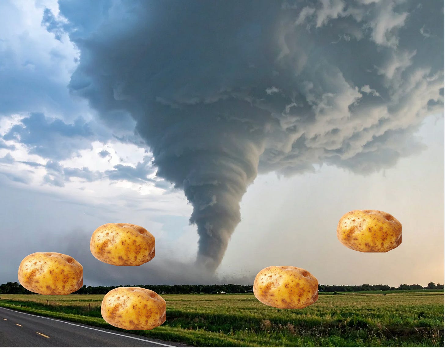 A photo of a tornado surrounded by potatoes A photo of a tornado surrounded by potatoes
