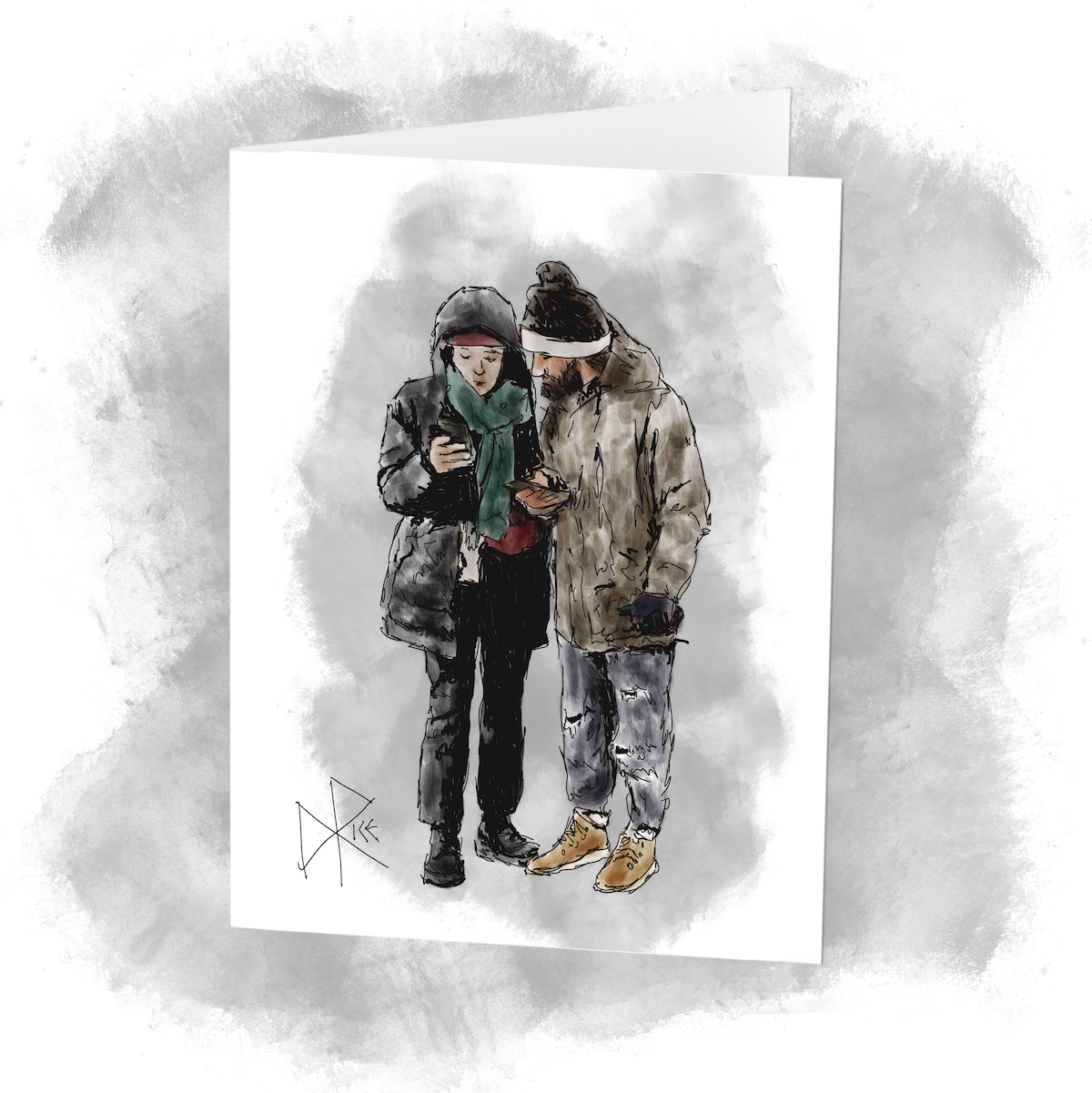 Two people in winter gear, each with one bare hand as they use their phones. Sketch art by Don Rice. Two people in winter gear, each with one bare hand as they use their phones. Sketch art by Don Rice.