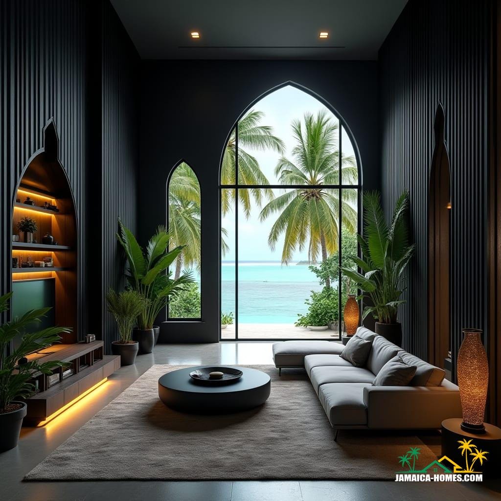 A luxurious modern Gothic-inspired interior in a Caribbean cottage