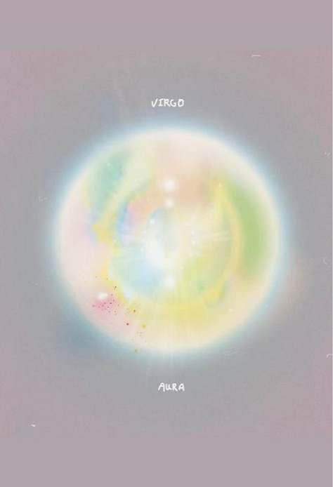 Editorial-style illustrations and graphics depicting auras, energy fields, and spiritual symbolism in soft pastel and rainbow colors, featuring human silhouettes, glowing layers of light, and inspirational text.