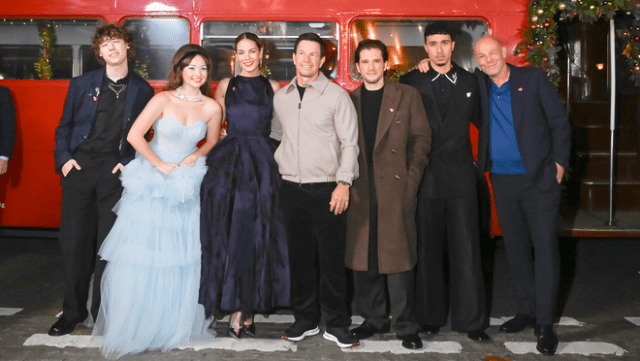 Van Crosby, Zoe Colletti, Michelle Monaghan, Mark Wahlberg, Kit Harington, Reda Elazouar and director Simon Cellan Jones attend the Apple Original Films premiere of “The Family Plan 2” at Curzon Mayfair Cinema in London. “The Family Plan 2” premieres globally on Apple TV on November 21, 2025.