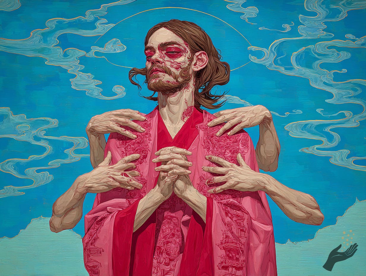 A long-haired figure in a pink robe stands against a bright blue background with pale cloud-like swirls, while several pale hands reach around the shoulders and chest from behind.
