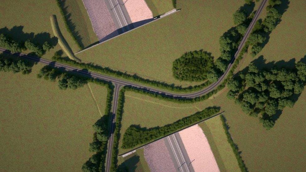 CGI showing bird's eye view of the road layout on top of the Turweston green bridge CGI showing bird's eye view of the road layout on top of the Turweston green bridge