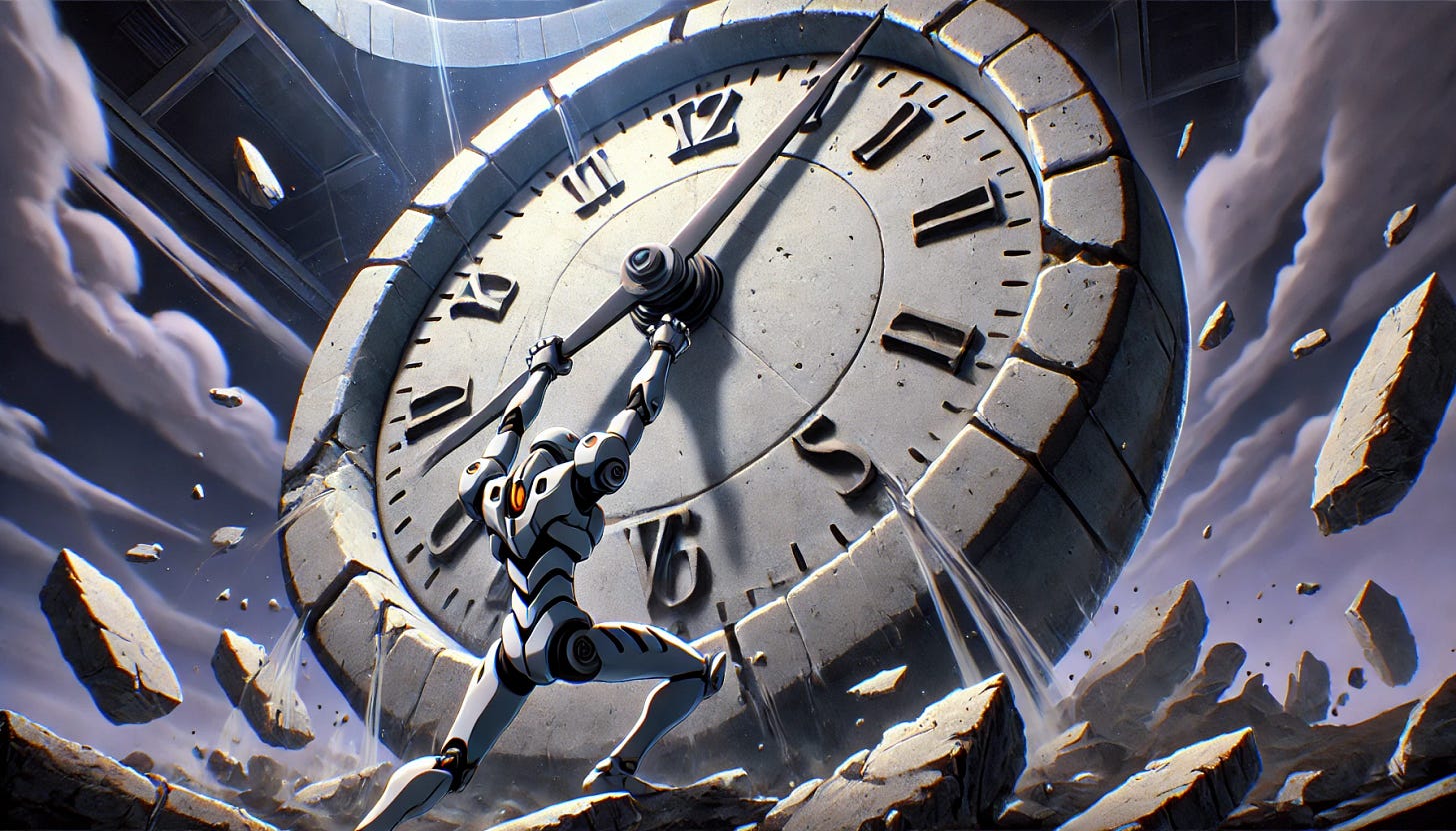 A large stone clock with two hands, a minute and an hour hand, in the style of 1990s anime similar to Neon Genesis Evangelion. A robot is pushing the minute hand clockwise with great effort. The scene is dramatic, with the robot's muscles and joints straining, and the background is dark and futuristic, highlighting the intense action. The art style should be distinctly 1990s anime, with bold lines and stylized details.