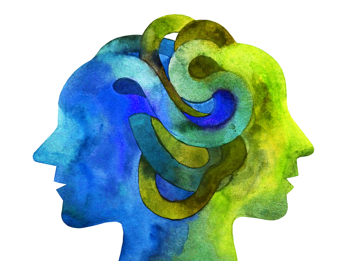 An illustration of two women connected by hair.