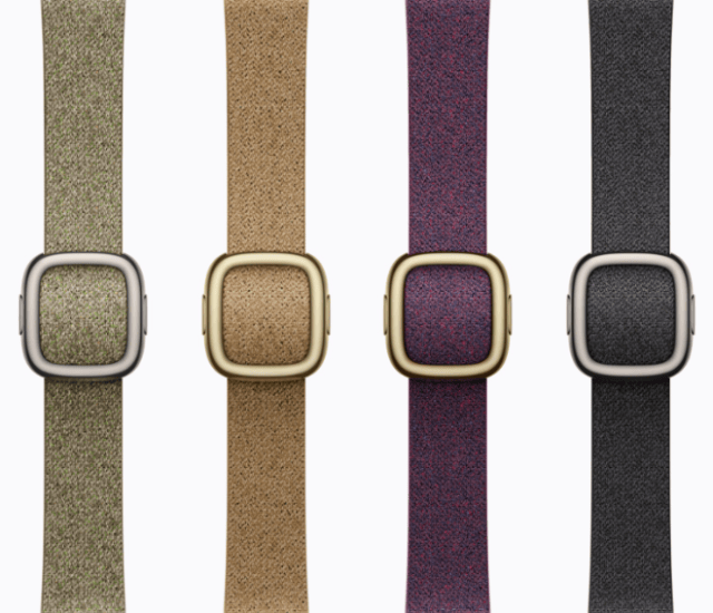 The Modern Buckle band is now available with gold hardware and comes in a new woven material, featuring subtle texture with small, integrated specks of color.