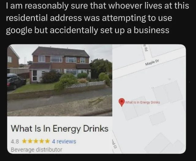 A photo of a residential house with a car parked in the driveway and greenery in front. A map snippet shows a location marked with a pin labeled "What Is In Energy Drinks." Text overlays include "What Is In Energy Drinks," "4.5 stars," "4 reviews," and "Beverage distributor."