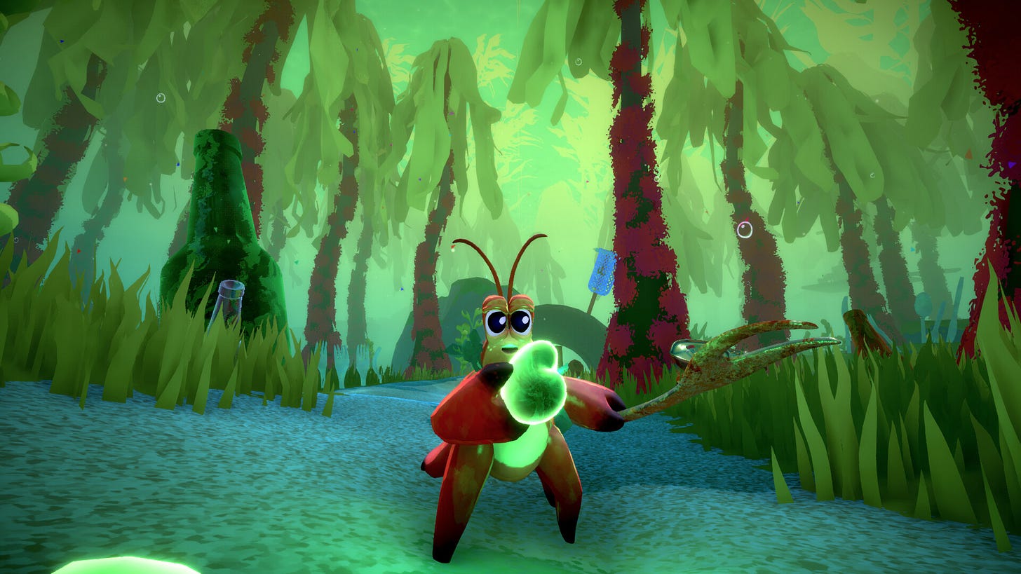 A hermit crab holds a glowing green heart in one claw, and a stick in the other.