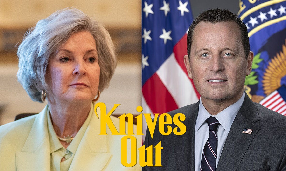 White House photos of Suzie Wiles and Ric Grenell with the 'knives out' movie franchise logo overlaid. 