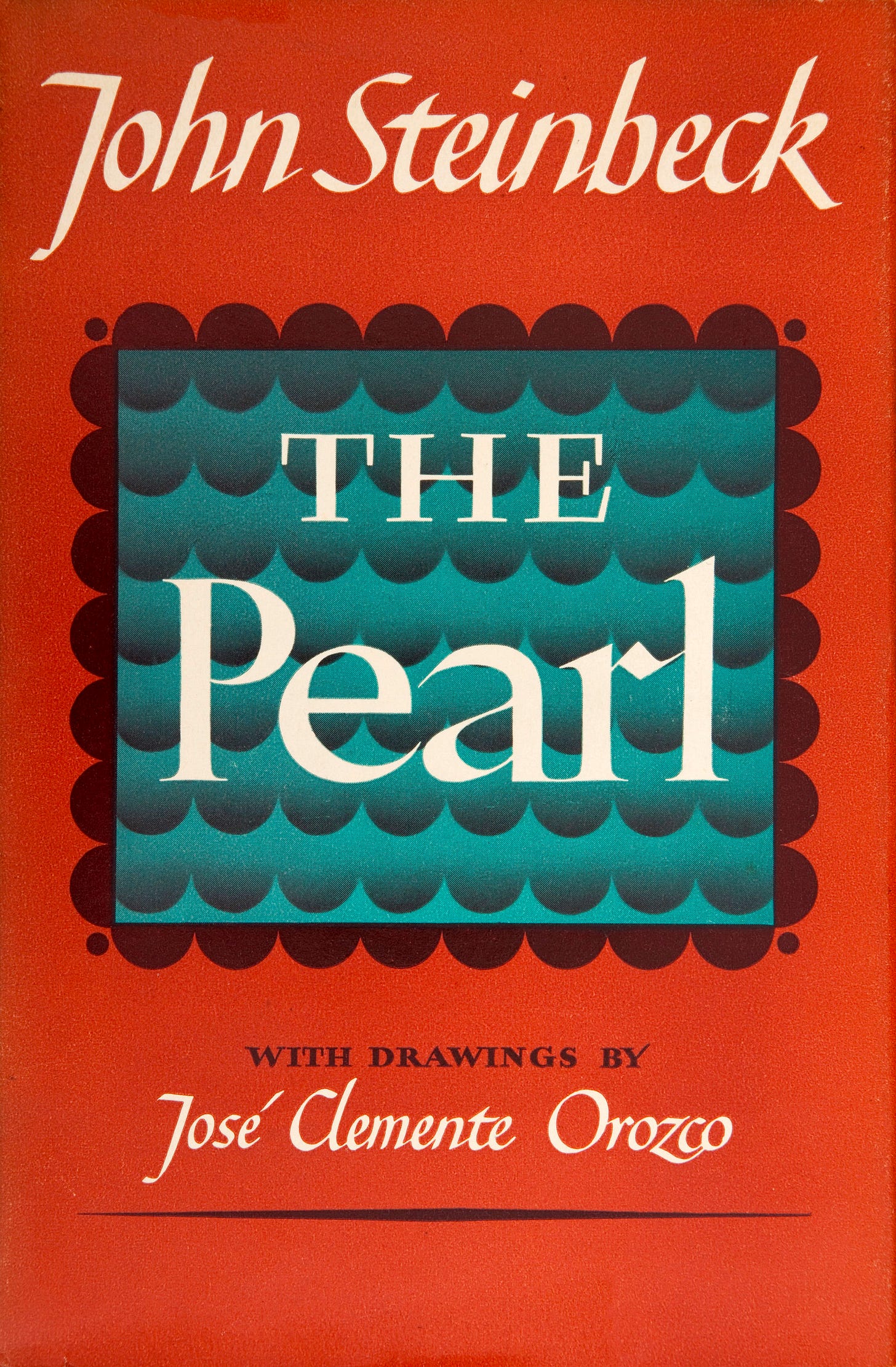 Cover of "The Pearl" by John Steinbeck, featuring a teal and black wave pattern background and text crediting drawings by José Clemente Orozco.