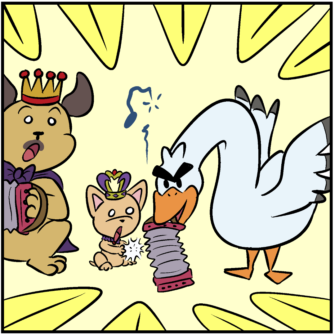 Comic Panel 4: Grumpy Goose leans over and snaps up TeaCup Pup’s accordion in his beak, cutting off the music as Pug Pup looks very surprised Comic Panel 4: Grumpy Goose leans over and snaps up TeaCup Pup’s accordion in his beak, cutting off the music as Pug Pup looks very surprised