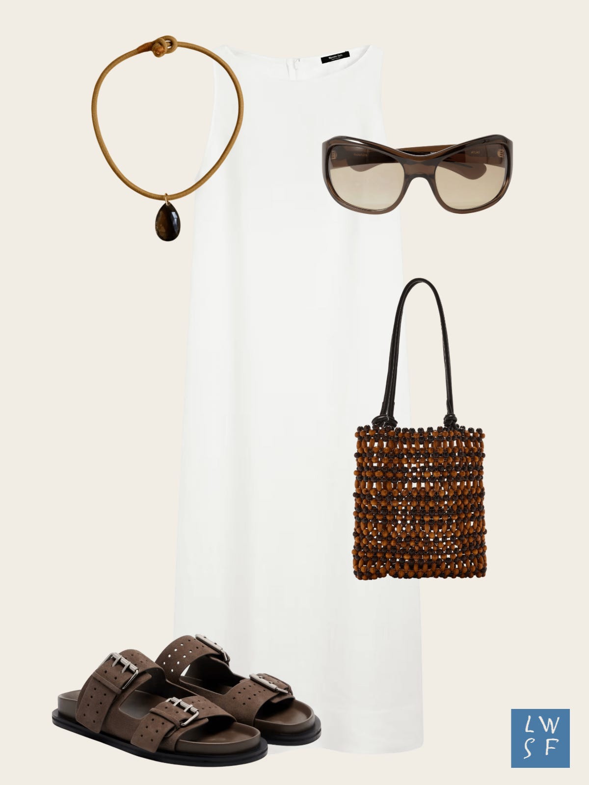 Summer outfit idea: white scoop neck maxi dress, tan cord necklace with smoky quartz pendant, brown wraparound sunglasses, wood beaded bucket bag, dark brown suede double buckle sandals