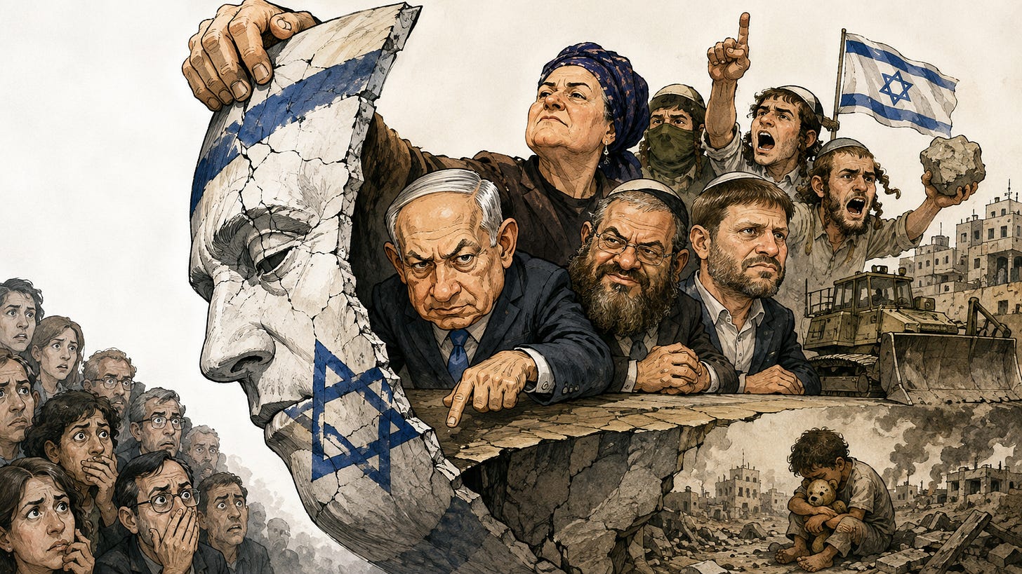 Illustration caricaturale montrant un masque fissuré portant des symboles israéliens, soulevé pour révéler des dirigeants politiques, des colons, des hommes armés et des engins militaires dominant un paysage urbain dévasté. Au premier plan, un enfant est assis parmi les décombres en serrant une peluche, tandis que des spectateurs choqués observent la scène à gauche.