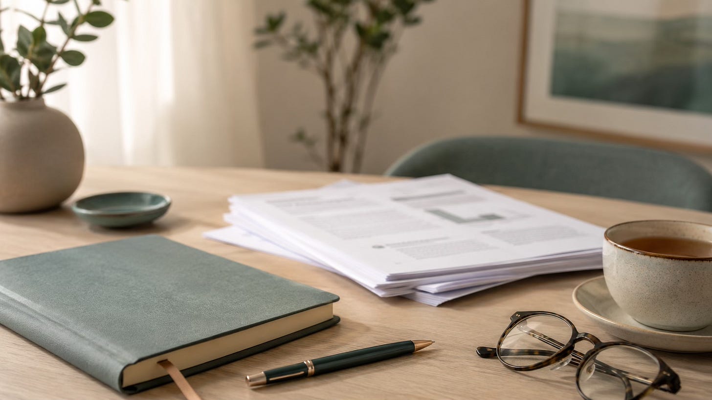 Calm workspace with a notebook, research papers, tea, and soft natural light, representing grounded focus and inner steadiness.