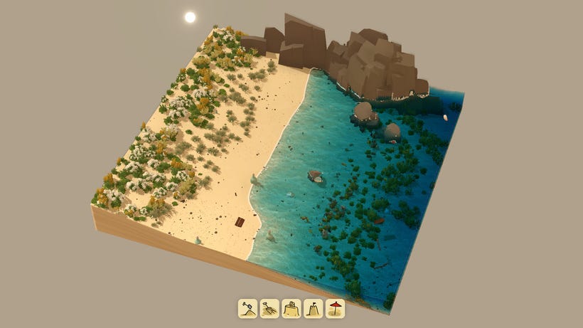 A simulation of a tiny beach and shoreline floats in the air, a perfect square of sand and water. A simulation of a tiny beach and shoreline floats in the air, a perfect square of sand and water.