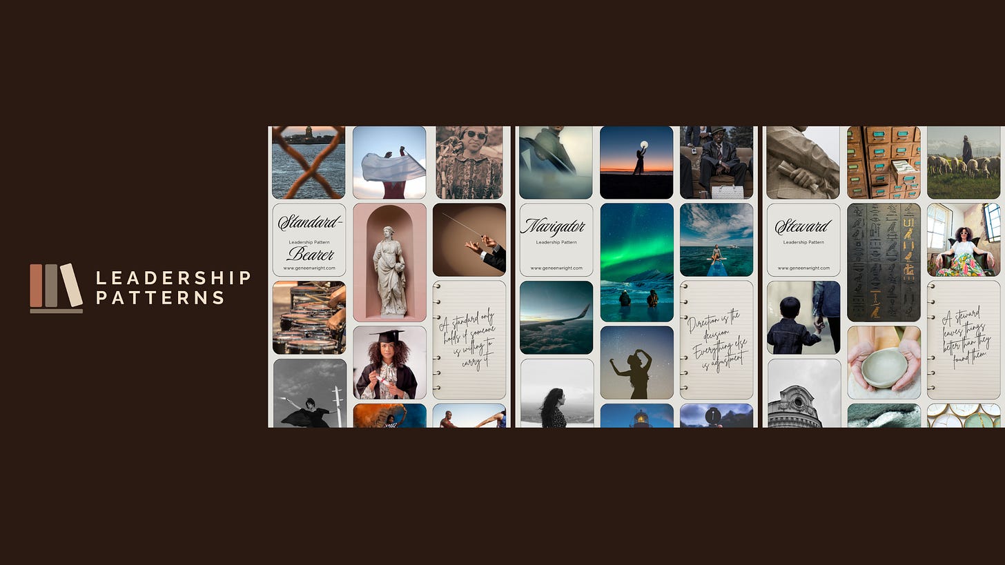 A three-column Pinterest-style moodboard displaying the Leadership Patterns associated with this riddle: Standard-Bearer, Navigator, and Steward. Each column features a curated grid of evocative images and a handwritten-style quote card. The Standard-Bearer column includes imagery of classical statues, a graduate, and crossed nautical elements with the quote "A standard only holds if someone is willing to carry it." The Navigator column features northern lights, ocean depths, and an airplane wing with the quote "Direction is the decision. Everything else is adjustment." The Steward column includes archival boxes, a shepherd with a flock, and cupped hands with the quote "A steward leaves things better than they found them." The left panel features the Leadership Patterns logo with the stacked-books icon against a deep brown background.