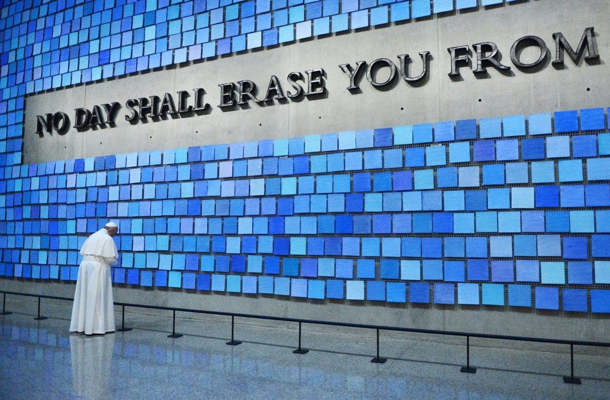 'We ask you in your goodness to give eternal light and peace to all who died here,' the Pope said while standing near the underground flood wall that survived the terrorist attack. 'We ask you in your goodness to give eternal light and peace to all who died here,' the Pope said while standing near the underground flood wall that survived the terrorist attack.