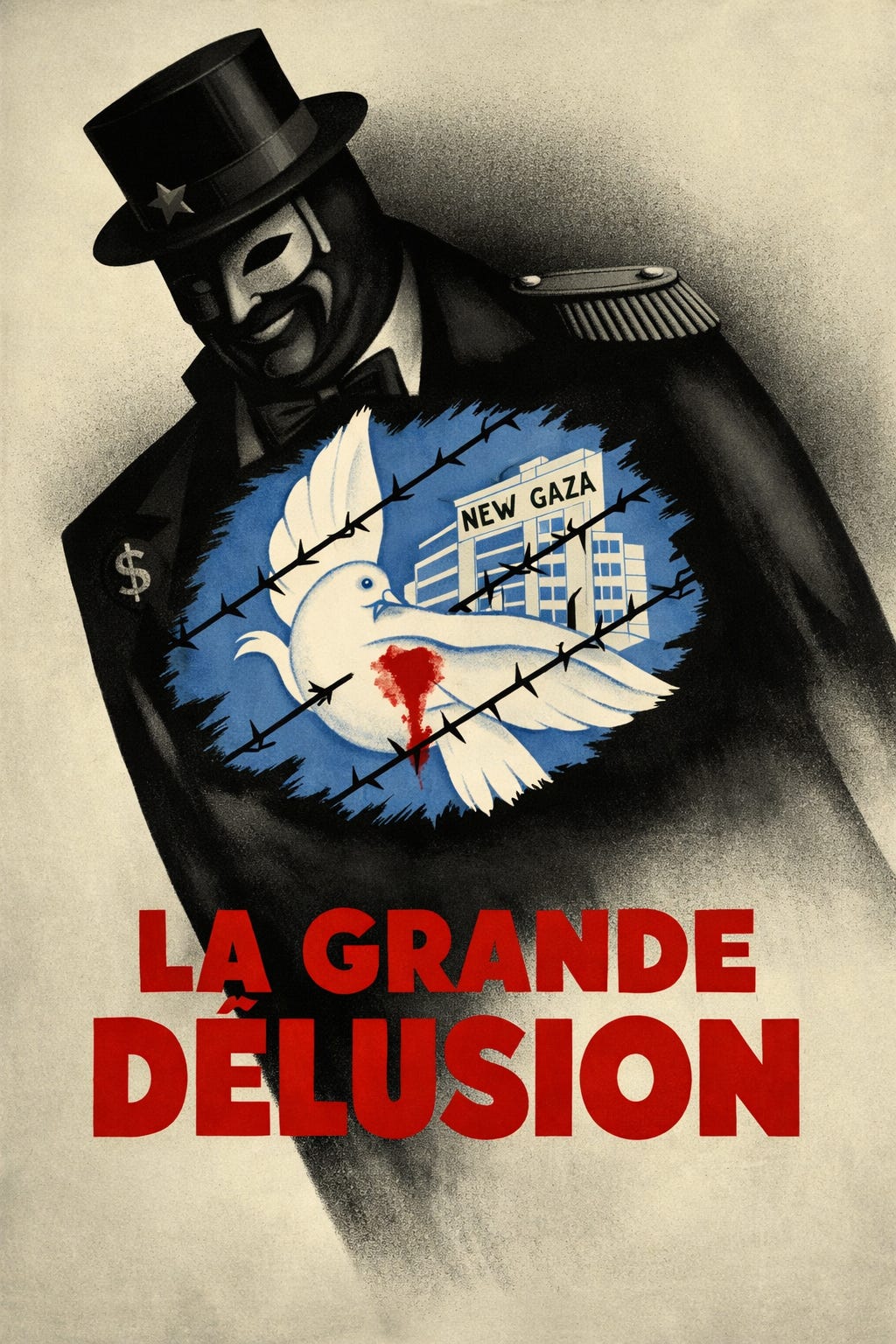 Affiche satirique en style rétro inspirée du graphisme des années 1930. Une grande silhouette noire, penchée, coiffée d’un haut-de-forme et portant un demi-masque blanc, occupe presque toute l’image. Au centre de son torse, sur un fond bleu, une colombe blanche est traversée par plusieurs barbelés noirs et marquée d’une tache rouge de sang. Derrière elle apparaît un immeuble clair portant l’inscription « NEW GAZA ». En bas, en très grandes lettres rouges : « LA GRANDE DÉLUSION ».