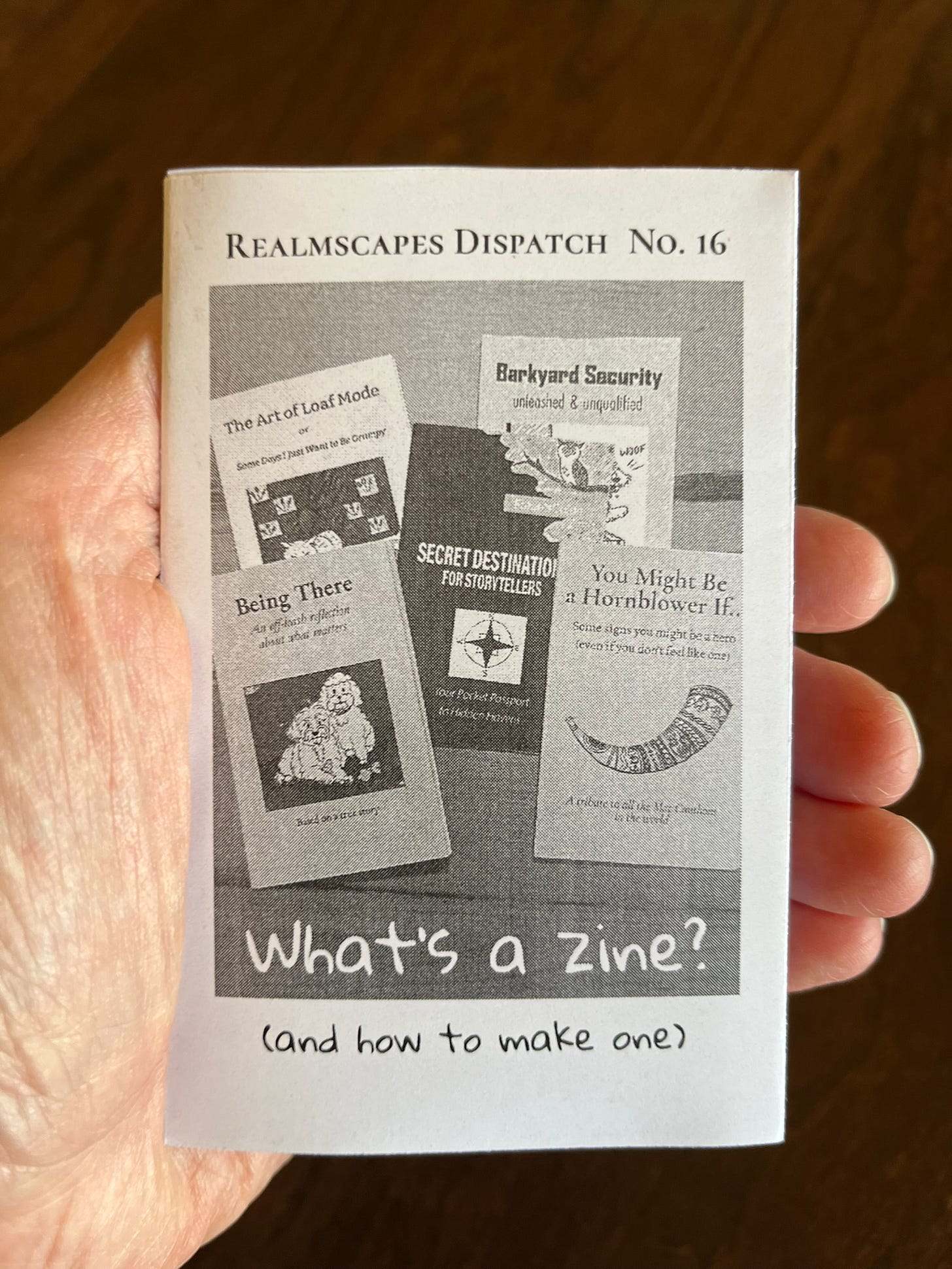 A hand holding a small black-and-white mini-zine titled What’s a Zine? (and how to make one) from the Realmscapes Dispatch series, showing several other tiny zine covers on the front