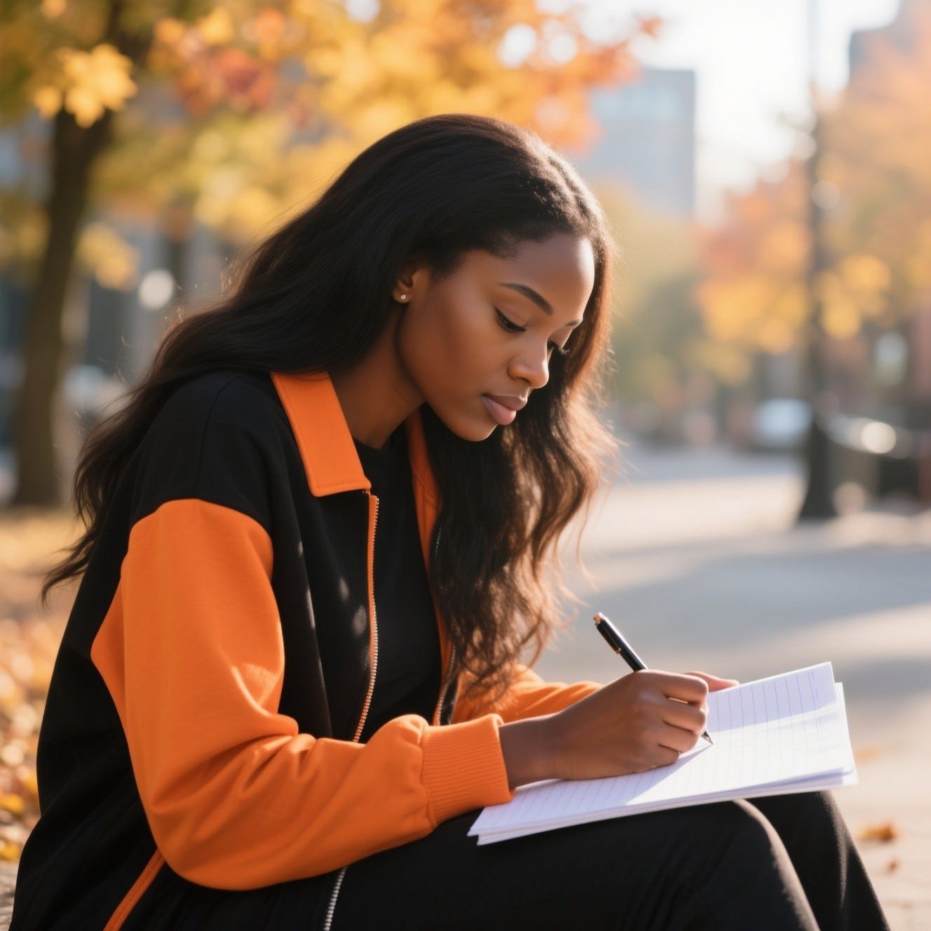Black woman with long hair in orange and black urban attire urban, in a seated under warm morning sun, her hand poised over lined paper as she looks down while she is writing, background outside delicate fall details, soft bokeh in the background, 8k sharpness