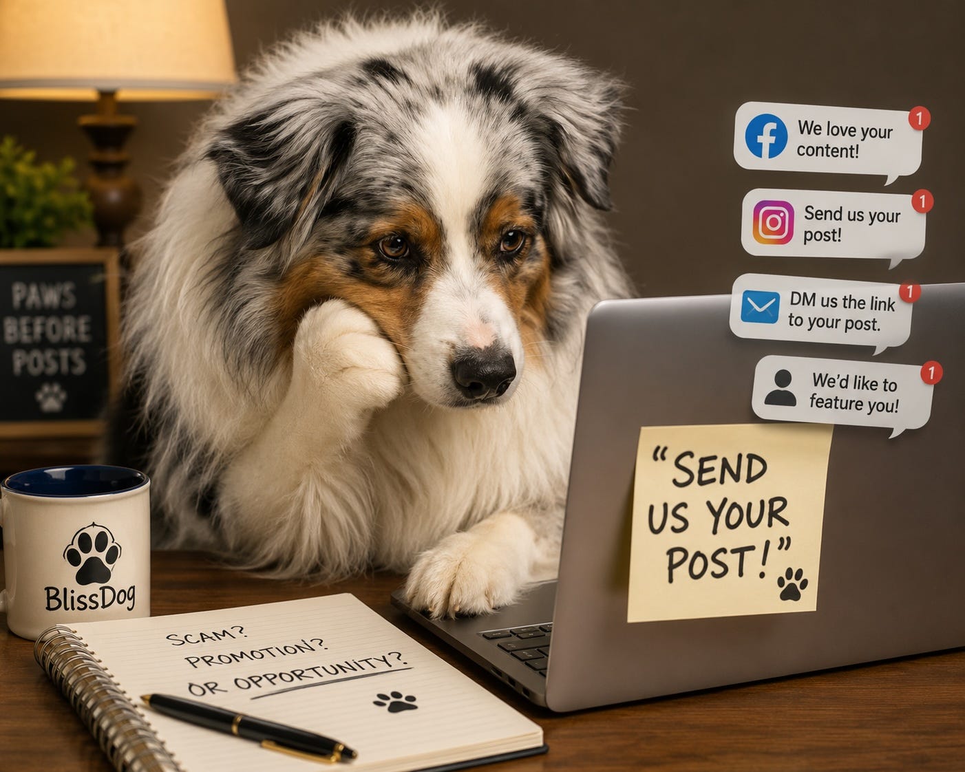 An Australian Shepherd sits at a laptop with a thoughtful expression, surrounded by social media notifications and book promotion requests. A notebook reads, "Scam? Promotion? Or Opportunity?" while a coffee mug labeled "BlissDog" sits nearby. A sticky note on the laptop says, "Send Us Your Post!" The image humorously captures the challenge authors face deciding which marketing opportunities are worth pursuing.