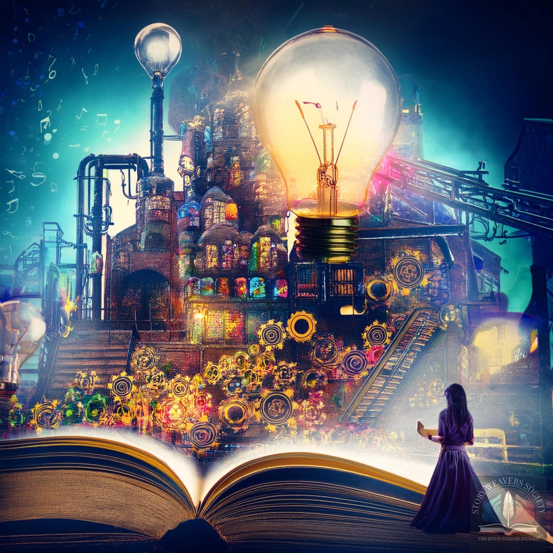 A steampunk-inspired idea factory with lightbulbs, cogs, all atop a journal with a woman writing on the side of the image.
