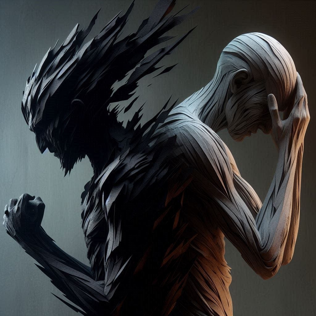 A modwern image in which two figures appear, one as evil and other as sick. 