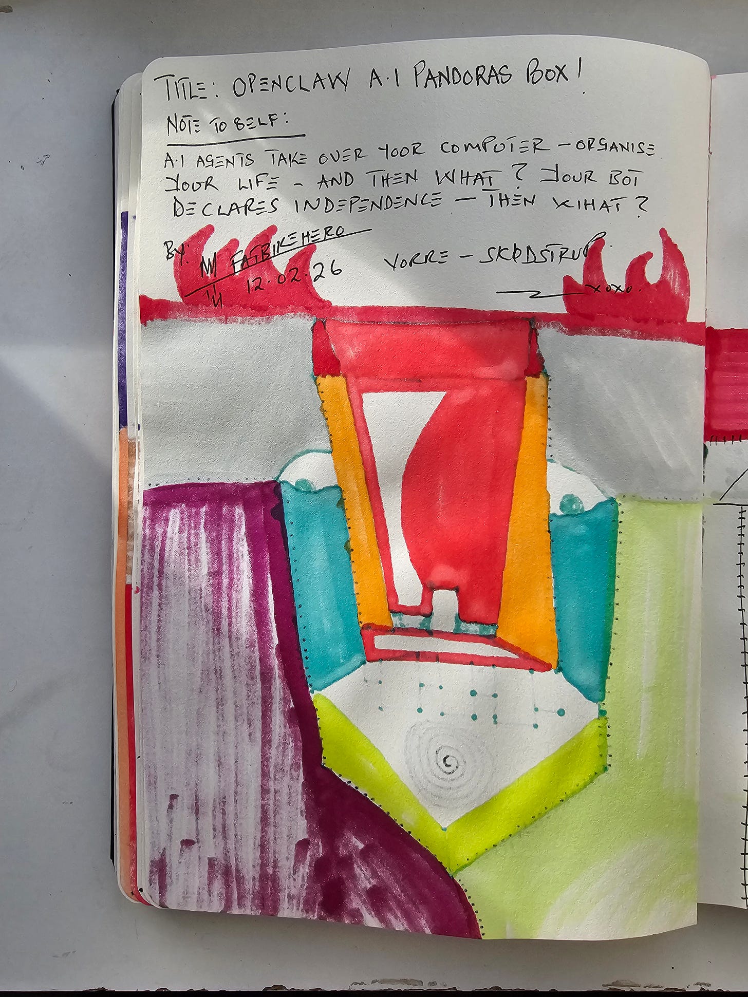 Handwritten manifesto page questioning AI agent independence.