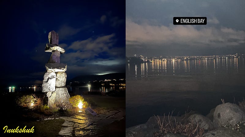 A picture of the Inukshuk landmark and an early morning view of English Bay