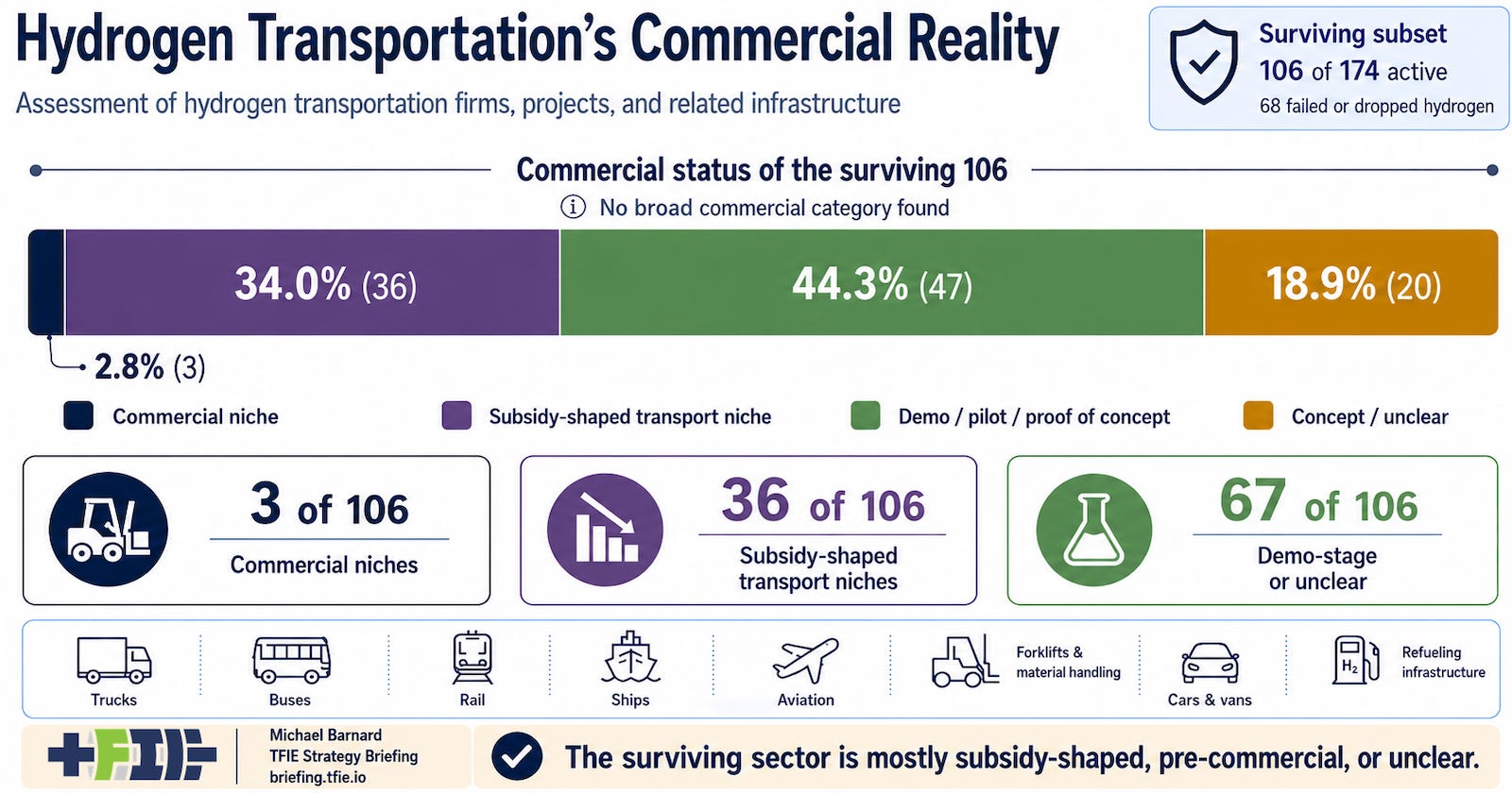 Infographic assessing hydrogen transportation commercialization across failed firms, subsidy-shaped niches, pilots, unclear projects, and narrow commercial uses.