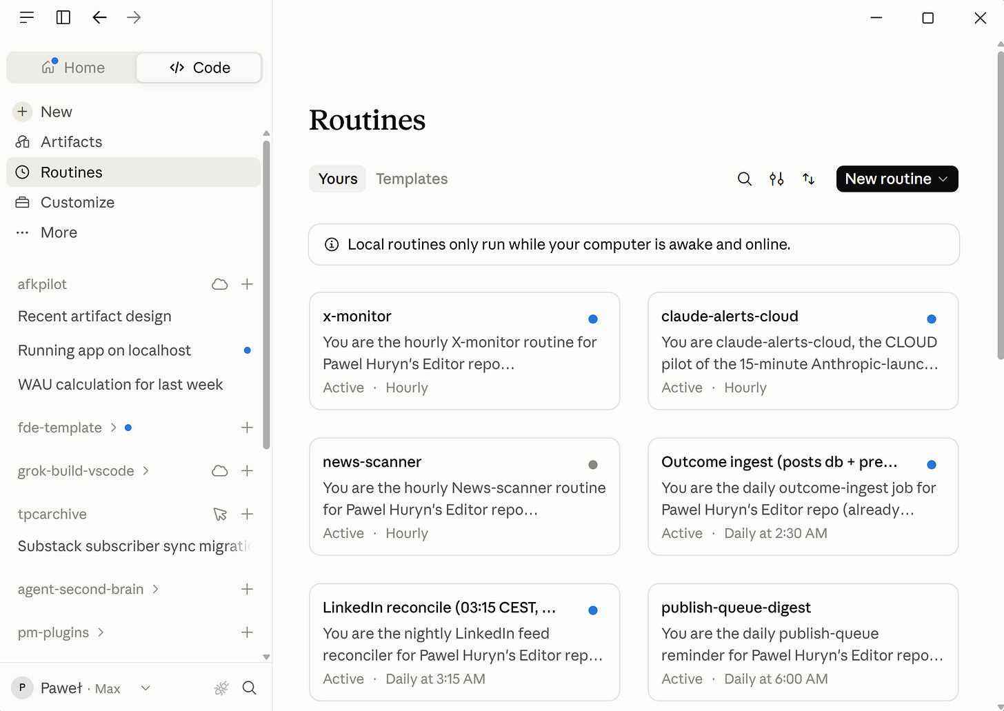 Claude Code routines (scheduled tasks) in Claude Desktop, running hourly and daily Claude Code routines (scheduled tasks) in Claude Desktop, running hourly and daily