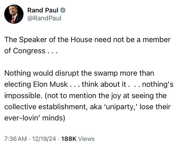 Rand Paul tweet calls for House Speaker Elon Musk. 