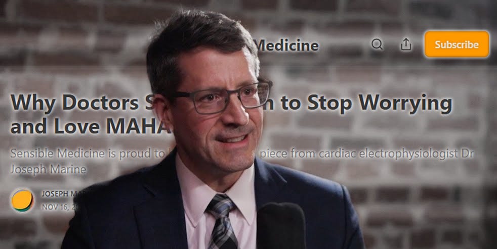 Joseph Marine appearing on a libertarian podcast overlaid his article "Why Doctors Should Stop Worrying and Love MAHA"
