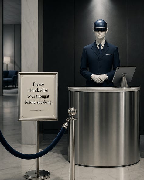 A nine-image satirical visual essay showing sleek, dark corporate and institutional interiors where signs instruct people to standardize their thoughts, revise themselves before speaking, submit unformatted thoughts, filter their tone, pre-approve authenticity, and keep grief within acceptable dimensions. The images use polished counters, velvet ropes, kiosks, chapel-like rooms, waiting areas, and bureaucratic signage to portray emotional and creative expression being managed, reviewed, and controlled.