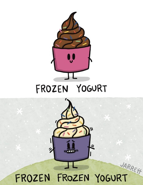A chocoloate soft serve in a cup smiling labelled "FROZEN YOGURT." Another soft serve vanilla icecream in a cup with sprinkles is shivering. It's labelled "FROZEN FROZEN YOGURT."