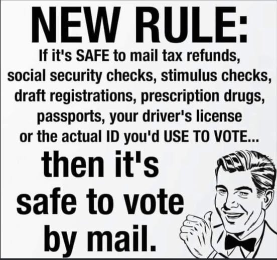 May be an image of text that says 'NEW RULE: If it's SAFE to mail tax refunds, social security checks, stimulus checks, draft registrations, prescription drugs, passports, your driver's license or or the actual ID you'd USE TO OT... then it's safe to vote by mail.'