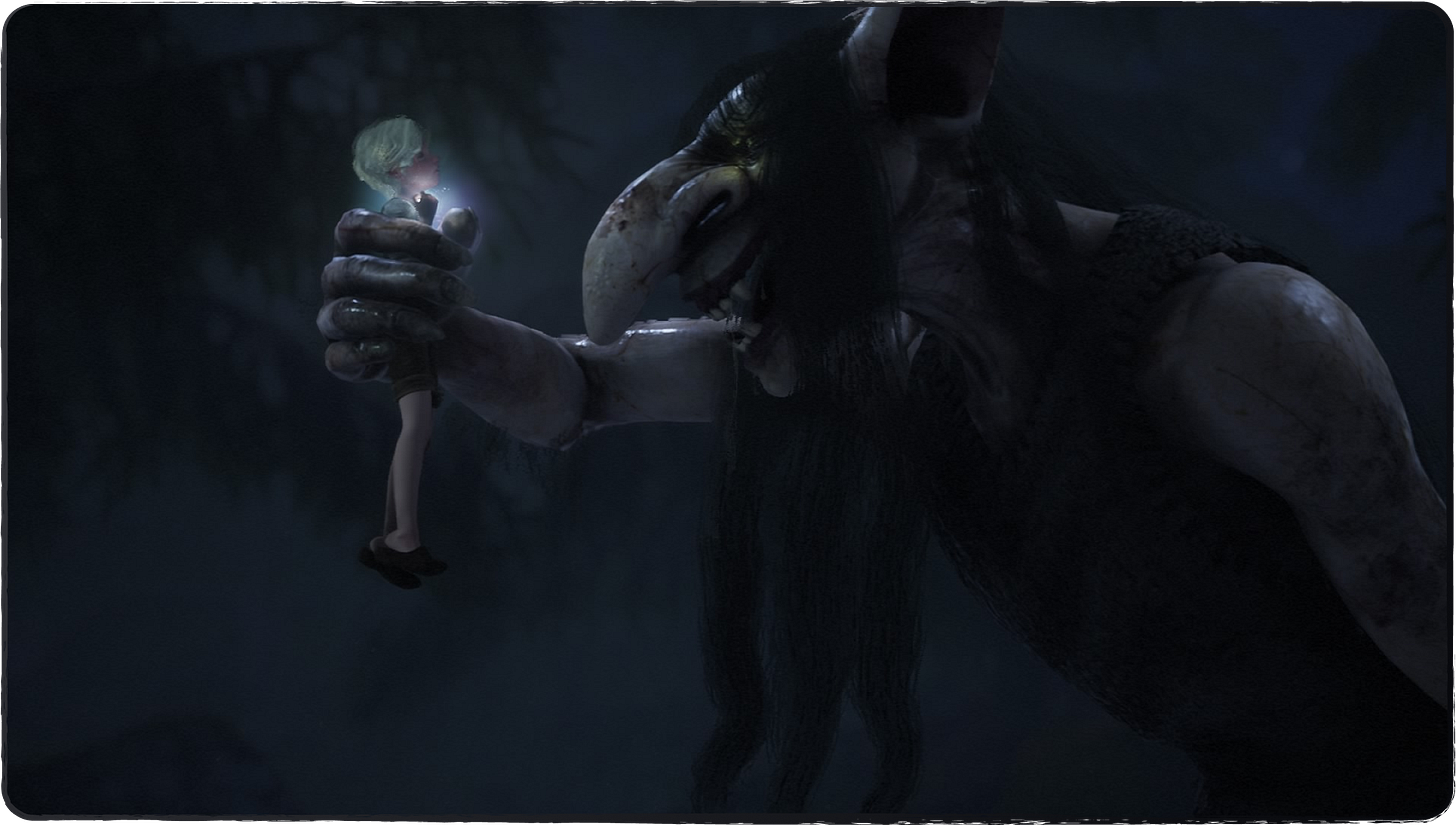 An image from Bramble showing a troll holding up the main character, Olle.