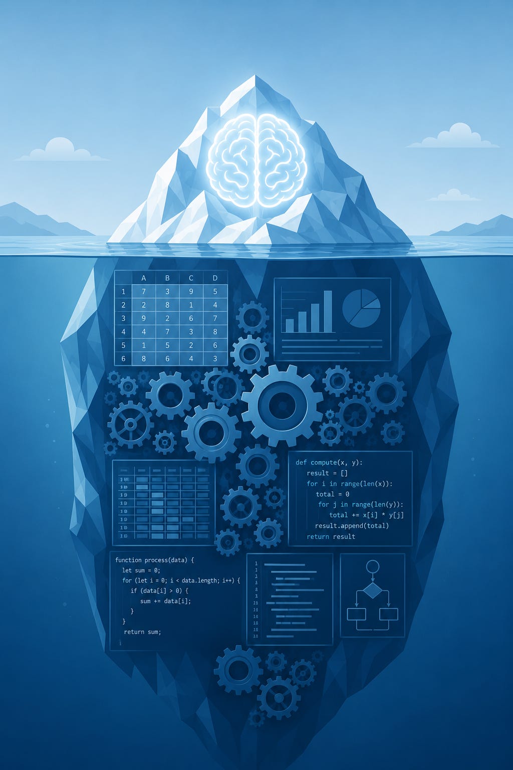 Iceberg illustration with a glowing brain above water and hidden gears, spreadsheets, and code below the surface.