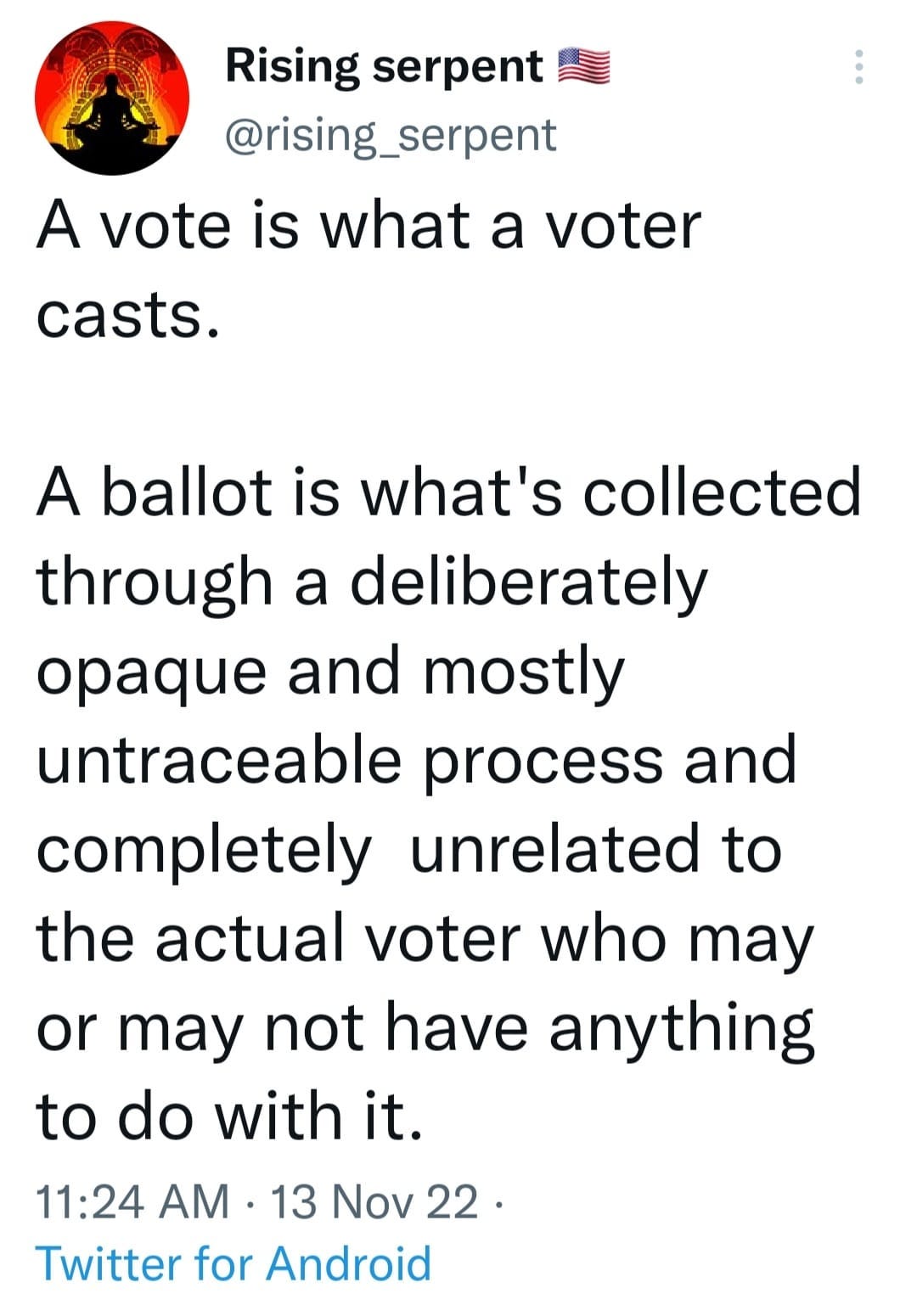 May be an image of text that says 'Rising serpent @rising_serpent A vote is what a voter casts. A ballot is what's collected through a deliberately opaque and mostly untraceable process and completely unrelated to the actual voter who may or may not have anything to do with it. 11:24 AM 13 Nov 22. Twitter for Android'
