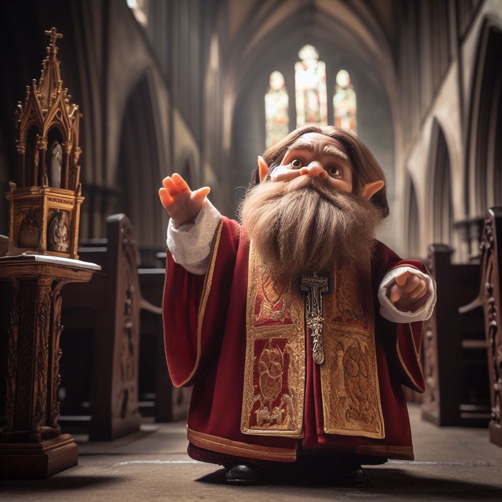 A dwarf dressed as a priest giving a homily inside a gothic church