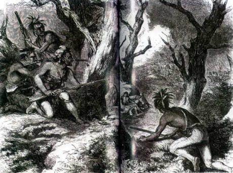 Indian warriors lying in wait to spring an ambush