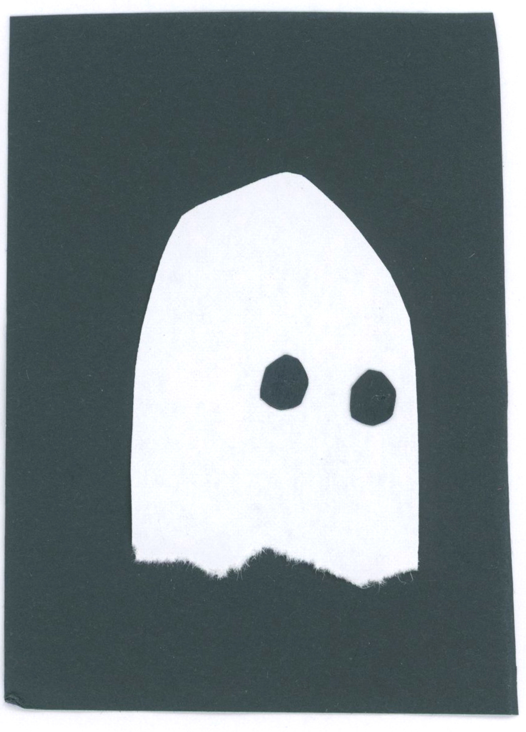 Collage image of a simple ghost on a black background. The ghost is looking down with wide eyes, illustration by Nanette Regan