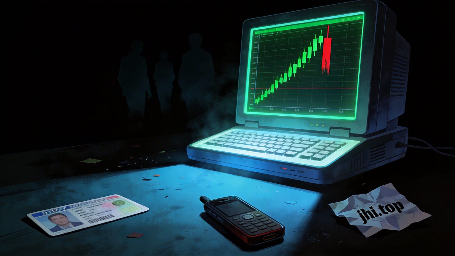 A glowing trading terminal in darkness showing a candlestick chart that ends abruptly in red, with a driver's license, burner phone, and crumpled jhi.top note on the desk.