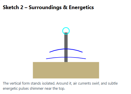 Simple diagram-style sketch showing a tall vertical form rising from a flat ground base. Curved blue lines indicate swirling air currents around the structure, while a faint glow at the top suggests subtle energetic pulses. Caption reads: “The vertical form stands isolated. Around it, air currents swirl, and subtle energetic pulses shimmer near the top.”