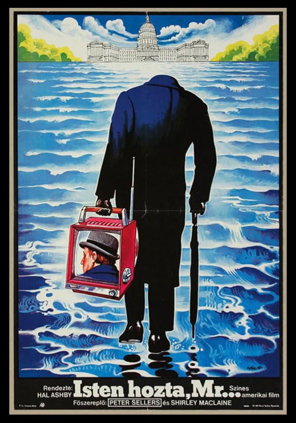 IN this Hungarian film poster, chance is walking on water (spoiler alert?!), headless, with his head shown on a TV he's carrying.