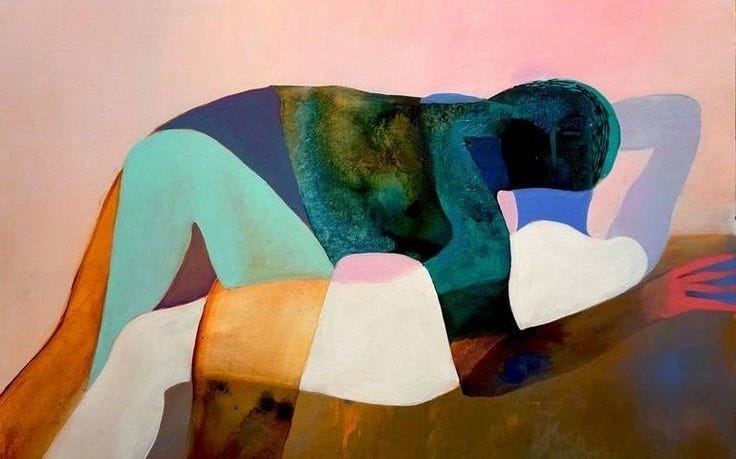 This may contain: an abstract painting of a woman laying on the ground with her head in her hands This may contain: an abstract painting of a woman laying on the ground with her head in her hands